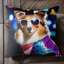 サングラス シェットランドシープドッグ ジャケット ネオン クッションカバー 45×45cm アニマル柄 おしゃれ 可愛い クッション本体付き 正方形
