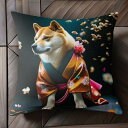 着物 柴犬 花 クッションカバー 45×45cm アニマル柄 おしゃれ 可愛い クッション本体付き 正方形
