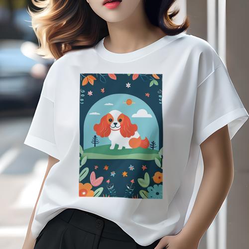 Tシャツ レディース 犬ファン 半袖 春夏 プリント カジュアル かわいい 人間用 派手 個性的 花 キャバリア 植物 空 太陽