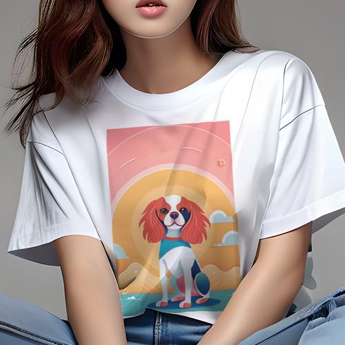 Tシャツ レディース 犬ファン 半袖 春夏 プリント カジュアル かわいい 人間用 派手 個性的 背景 キャバリア 空 雲 山