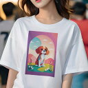 Tシャツ レディース 犬ファン 半袖 春夏 プリント カジュアル かわいい 人間用 派手 個性的 空 キャバリア 雲 山 風景(4)