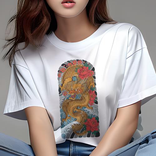 Tシャツ レディース 犬ファン 半袖 春夏 プリント カジュアル かわいい 人間用 派手 個性的 ドラゴン 竜 花 波 和柄(4)