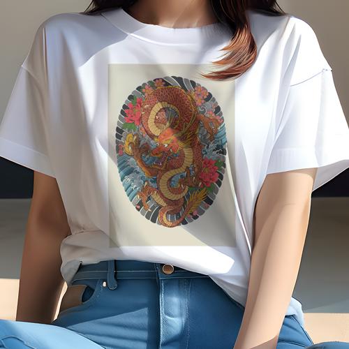 Tシャツ レディース 犬ファン 半袖 春夏 プリント カジュアル かわいい 人間用 派手 個性的 ドラゴン 竜 龍 和柄 花