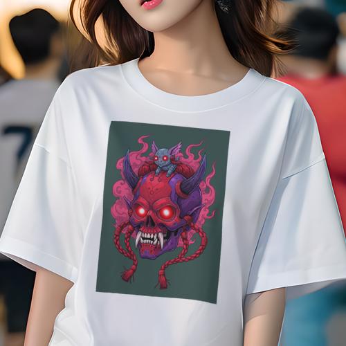 Tシャツ レディース 犬ファン 半袖 春夏 プリント カジュアル かわいい 人間用 派手 個性的 鬼 スカル 悪魔 煙 角