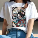 Tシャツ レディース 犬ファン 半袖 春夏 プリント カジュアル かわいい 人間用 派手 個性的 浮世絵 美人画 着物 花柄 波