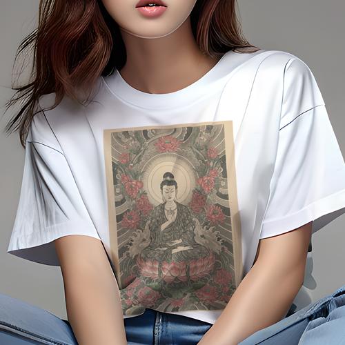 Tシャツ レディース 犬ファン 半袖 春夏 プリント カジュアル かわいい 人間用 派手 個性的 仏 蓮 悟り 瞑想 宗教