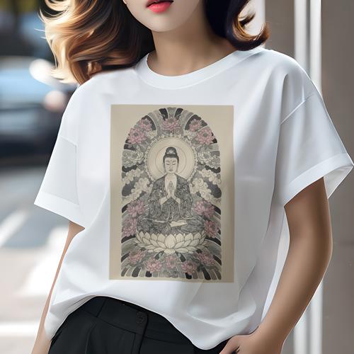 Tシャツ レディース 犬ファン 半袖 春夏 プリント カジュアル かわいい 人間用 派手 個性的 仏 蓮 悟り 瞑想 宗教