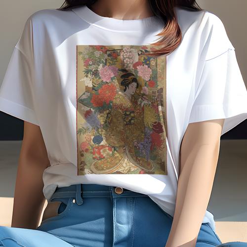 Tシャツ レディース 犬ファン 半袖 春夏 プリント カジュアル かわいい 人間用 派手 個性的 着物 女性 花 日本画 美人画