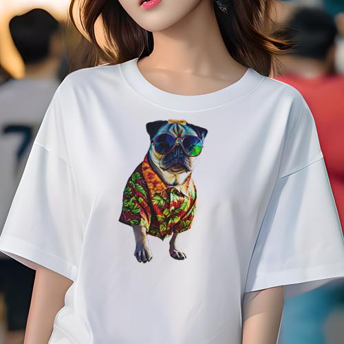 Tシャツ レディース 犬ファン 半袖 春夏 プリント カジュアル かわいい 人間用 ギフト ユニークデザイン 個性的 アロハシャツ パグ サングラス
