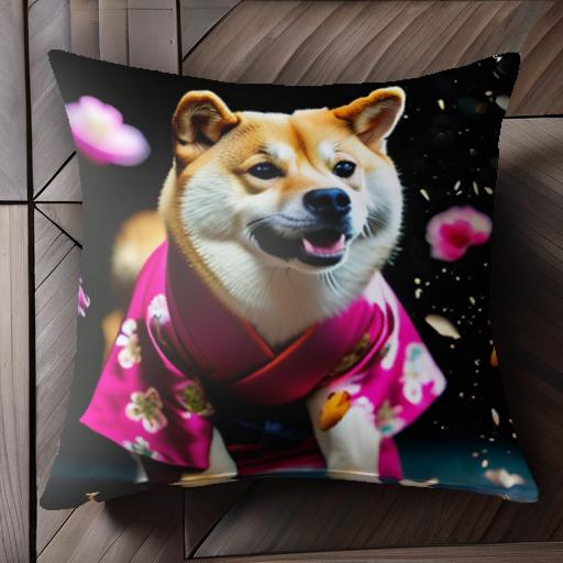 着物 柴犬 花びら クッションカバー 45×45cm アニマル柄 おしゃれ 可愛い クッション本体付き 正方形