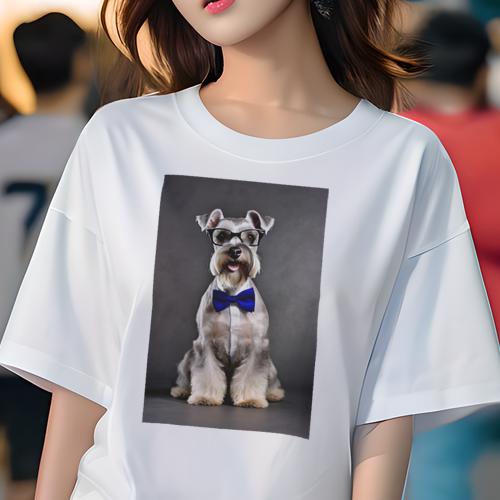 ミニチュアシュナウザー Tシャツ 犬愛 ユニークデザインレディース 犬ファン 半袖 春夏 プリント カジュアル かわいい 人間用 ギフト 個性的 メガネ ミニチュアシュナウザー 蝶ネクタイ シャツ