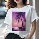 柴犬 Tシャツ 犬愛 ユニークデザインレディース 犬ファン 半袖 春夏 プリント カジュアル かわいい 人間用 ギフト 個性的 ビーチ 柴犬 夕焼け ヤシの木 海(4)