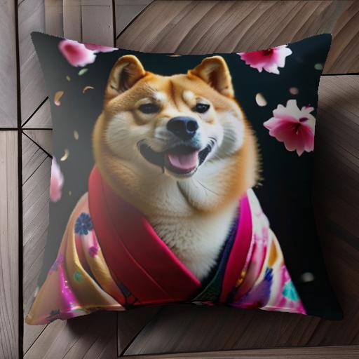 桜 柴犬 著物 クッションカバー 45×45cm アニマル柄 おしゃれ 可愛い クッション本體付き 正方形