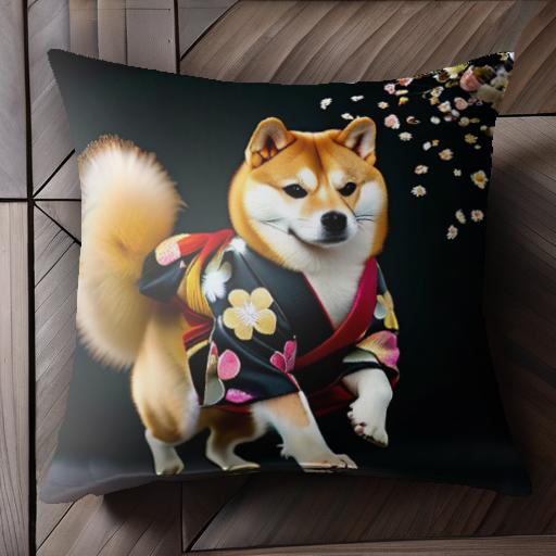 着物 柴犬 花柄 クッションカバー 45×45cm アニマル柄 おしゃれ 可愛い クッション本体付き 正方形