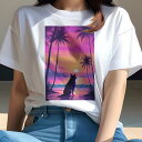 シベリアンハスキー Tシャツ 犬愛 ユニークデザインレディース 犬ファン 半袖 春夏 プリント カジュアル かわいい 人間用 ギフト 個性的 ヤシの木 シベリアンハスキー 夕焼け 海 ビーチ(4)