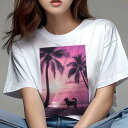 柴犬 Tシャツ 犬愛 ユニークデザインレディース 犬ファン 半袖 春夏 プリント カジュアル かわいい 人間用 ギフト 個性的 ヤシの木 柴犬 夕焼け ビーチ(4)