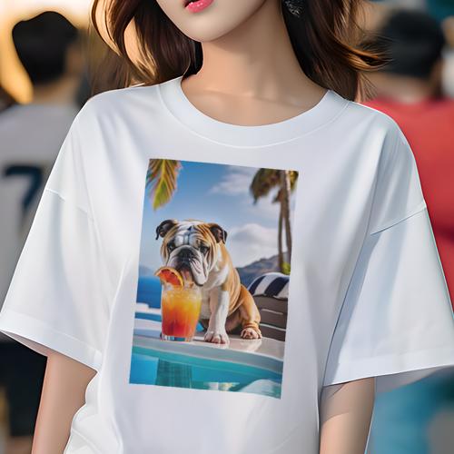 ブルドッグ Tシャツ 犬愛 ユニークデザインレディース 犬ファン 半袖 春夏 プリント カジュアル かわいい 人間用 ギフト 個性的 プール ブルドッグ カクテル ビーチ