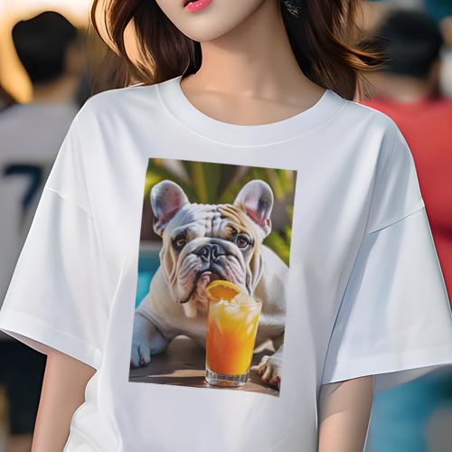 フレンチブルドッグ Tシャツ 犬愛 ユニークデザインレディース 犬ファン 半袖 春夏 プリント カジュアル かわいい 人間用 ギフト 個性的 飲み物 フレンチブルドッグ オレンジ