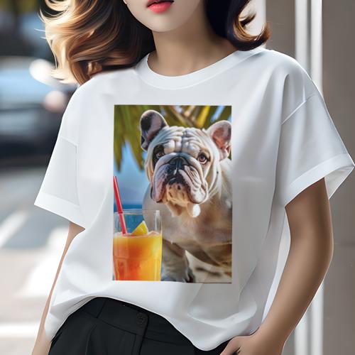 ブルドッグ Tシャツ 犬愛 ユニークデザインレディース 犬ファン 半袖 春夏 プリント カジュアル かわいい 人間用 ギフト 個性的 ジュース ブルドッグ ドリンク 夏 リゾート
