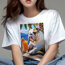 ブルドッグ Tシャツ 犬愛 ユニークデザインレディース 犬ファン 半袖 春夏 プリント カジュアル かわいい 人間用 ギフト 個性的 ジュース ブルドッグ スイカ 夏 リゾート