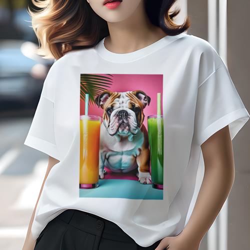 ブルドッグ Tシャツ 犬愛 ユニークデザインレディース 犬ファン 半袖 春夏 プリント カジュアル かわいい 人間用 ギフト 個性的 ジュース ブルドッグ トロピカル