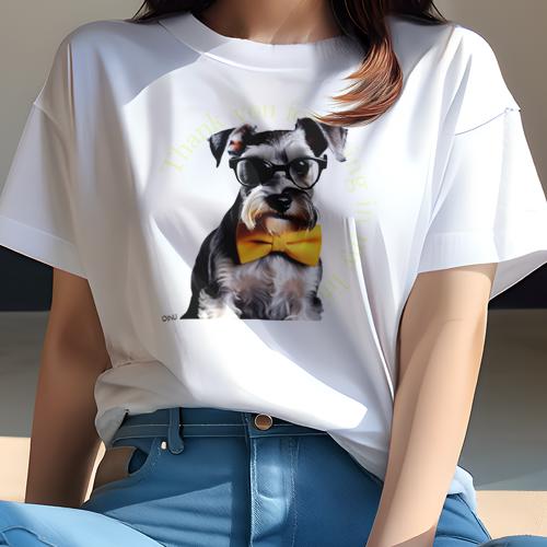 ミニチュアシュナウザー Tシャツ 犬愛 ユニークデザインレディース 犬ファン 半袖 春夏 プリント カジュアル かわいい 人間用 ギフト 個性的 メガネ ミニチュアシュナウザー 蝶ネクタイ