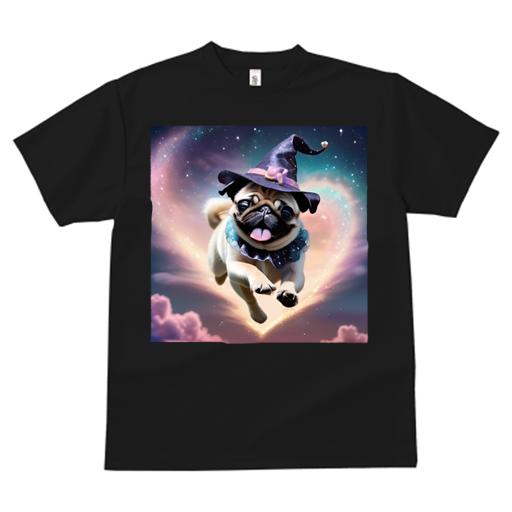 パグ Tシャツ 犬愛 ユニークデザインレディース 犬ファン 半袖 春夏 プリント カジュアル かわいい 人間用 ギフト 個性的 魔法使いの帽子 パグ 星 ハート