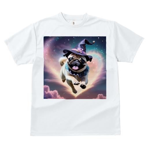 パグ Tシャツ 犬愛 ユニークデザインレディース 犬ファン 半袖 春夏 プリント カジュアル かわいい 人間用 ギフト 個性的 魔法使いの帽子 パグ 星 ハート