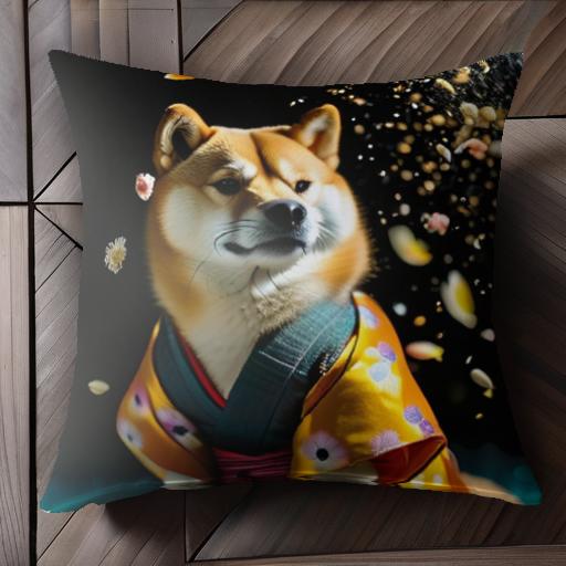 着物 柴犬 花びら 和風 日本 クッションカバー 45×45cm アニマル柄 おしゃれ 可愛い クッション本体付き 正方形