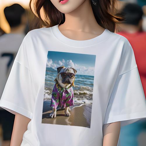 パグ Tシャツ 犬愛 ユニークデザインレディース 犬ファン 半袖 春夏 プリント カジュアル かわいい 人間用 ギフト 個性的 アロハシャツ パグ 海 ビーチ サングラス