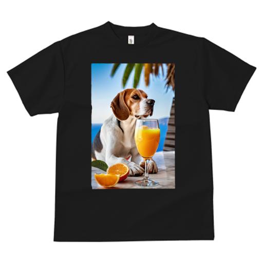 ビーグル Tシャツ 犬愛 ユニークデザインメンズ キッズ 犬ファン 半袖 春夏 プリント カジュアル かわいい 人間用 ギフト 個性的 オレンジジュース ビーグル オレンジ 海 ヤシの木