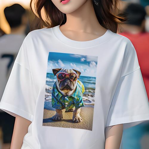 パグ Tシャツ 犬愛 ユニークデザインレディース 犬ファン 半袖 春夏 プリント カジュアル かわいい 人間用 ギフト 個性的 ビーチ パグ 海 夏 アロハシャツ(4)