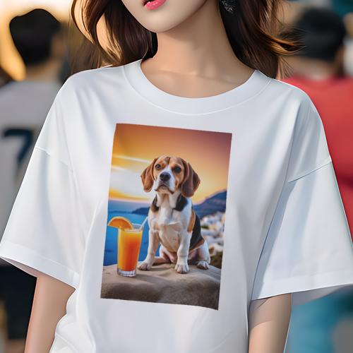 ビーグル Tシャツ 犬愛 ユニークデザインレディース 犬ファン 半袖 春夏 プリント カジュアル かわいい 人間用 ギフト 個性的 オレンジジュース ビーグル 海 夕焼け