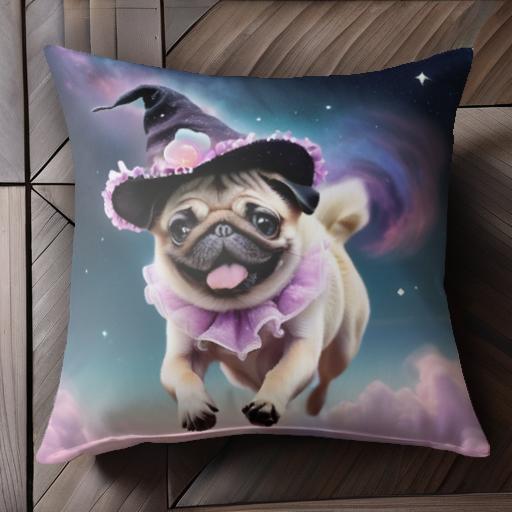 魔女 パグ 帽子 星空 雲 クッションカバー 45×45cm アニマル柄 おしゃれ 可愛い クッション本体付き 正..