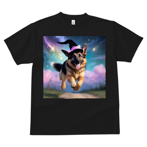 ジャーマンシェパード Tシャツ 犬愛 ユニークデザインレディース 犬ファン 半袖 春夏 プリント カジュアル かわいい 人間用 ギフト 個性的 ハロウィン ジャーマンシェパード 帽子 星空 魔法使い