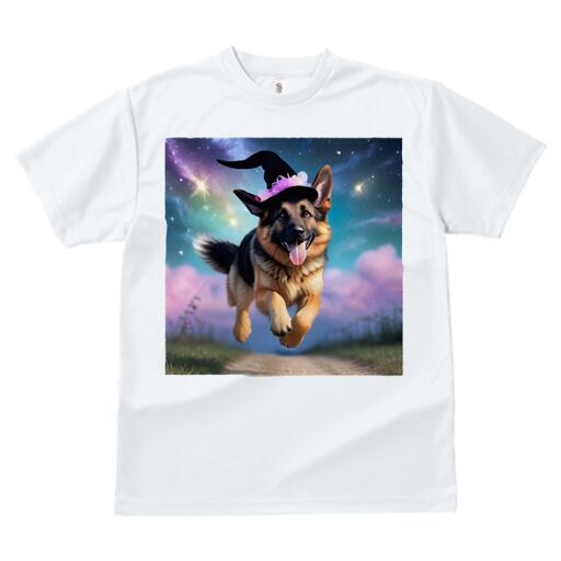 ジャーマンシェパード Tシャツ 犬愛 ユニークデザインレディース 犬ファン 半袖 春夏 プリント カジュアル かわいい 人間用 ギフト 個性的 ハロウィン ジャーマンシェパード 帽子 星空 魔法使い