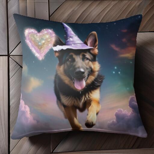 ハート ジャーマンシェパード 魔法使いの帽子 星 雲 クッションカバー 45×45cm アニマル柄 おしゃれ 可愛い クッション本体付き 正方形
