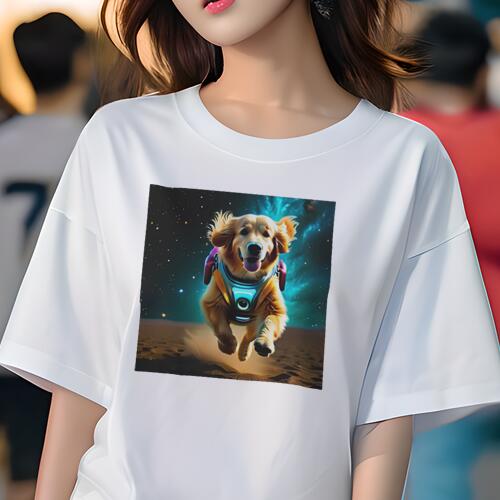 ゴールデンレトリバー Tシャツ 犬愛 ユニークデザインレディース 犬ファン 半袖 春夏 プリント カジュアル かわいい 人間用 ギフト 個性的 宇宙 ゴールデンレトリバー スペース 宇宙服 星