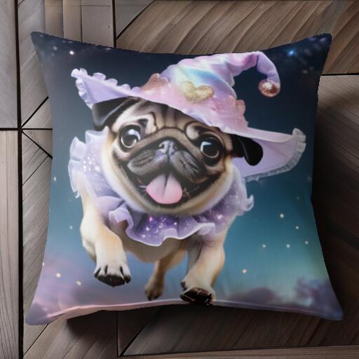 魔法使い パグ 帽子 星 コスチューム クッションカバー 45×45cm アニマル柄 おしゃれ 可愛い クッショ..