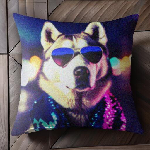 サングラス ハスキー ライト ネオン クッションカバー 45×45cm アニマル柄 おしゃれ 可愛い クッション..