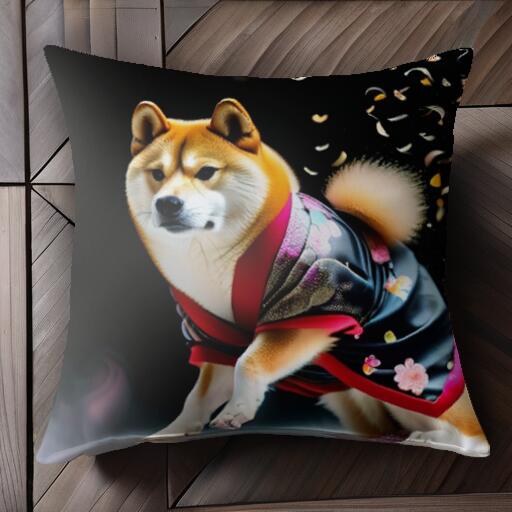 着物 柴犬 花柄 和風 日本 クッションカバー 45×45cm アニマル柄 おしゃれ 可愛い クッション本体付き ..