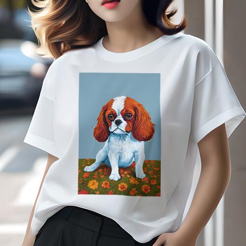 キャバリア Tシャツ 犬愛 ユニークデザインレディース 犬ファン 半袖 春夏 プリント カジュアル かわいい 人間用 ギフト 個性的 花 キャバリア
