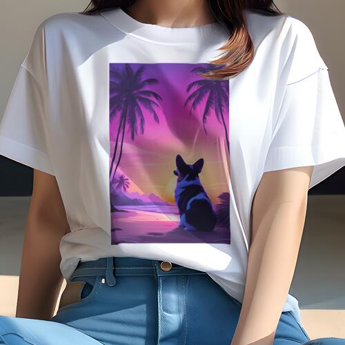 コーギー Tシャツ 犬愛 ユニークデザインレディース 犬ファン 半袖 春夏 プリント カジュアル かわいい 人間用 ギフト 個性的 ヤシの木 コーギー ビーチ 夕焼け 海