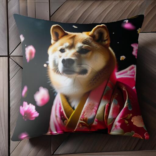 着物 柴犬 花びら クッションカバー 45×45cm アニマル柄 おしゃれ 可愛い クッション本体付き 正方形