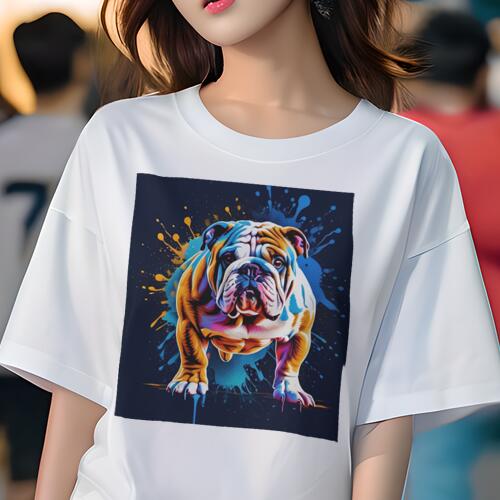 ブルドッグ Tシャツ 犬愛 ユニークデザインレディース 犬ファン 半袖 春夏 プリント カジュアル かわいい 人間用 ギフト 個性的 アート ブルドッグ カラフル スプラッシュ