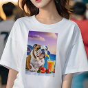 ブルドッグ Tシャツ 犬愛 ユニークデザインレディース 犬ファン 半袖 春夏 プリント カジュアル かわいい 人間用 ギフト 個性的 ジュース ブルドッグ 桃 海