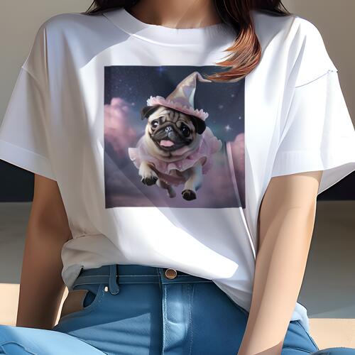パグ Tシャツ 犬愛 ユニークデザインレディース 犬ファン 半袖 春夏 プリント カジュアル かわいい 人間用 ギフト 個性的 魔法使い パグ 帽子 ピンク