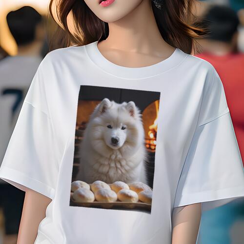サモエド Tシャツ 犬愛 ユニークデザインレディース 犬ファン 半袖 春夏 プリント カジュアル かわいい 人間用 ギフト 個性的 パン サモエド 暖炉