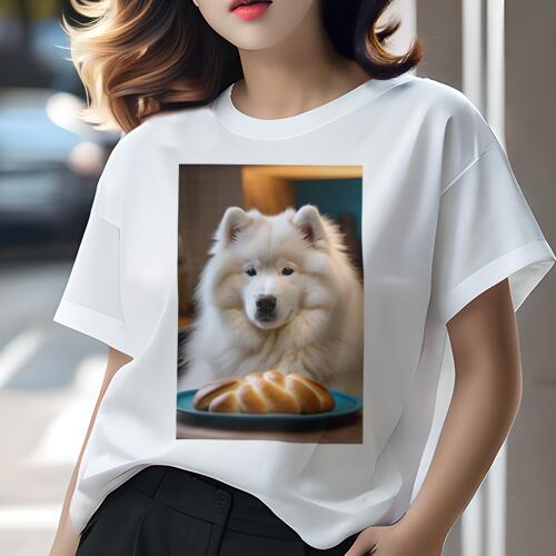 サモエド Tシャツ 犬愛 ユニークデザインレディース 犬ファン 半袖 春夏 プリント カジュアル かわいい 人間用 ギフト 個性的 パン サモエド 皿