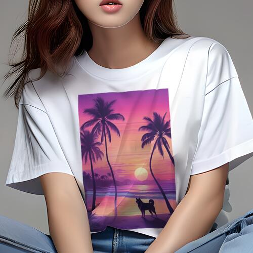 柴犬 Tシャツ 犬愛 ユニークデザインレディース 犬ファン 半袖 春夏 プリント カジュアル かわいい 人間用 ギフト 個性的 ヤシの木 柴犬 ビーチ 夕焼け 海